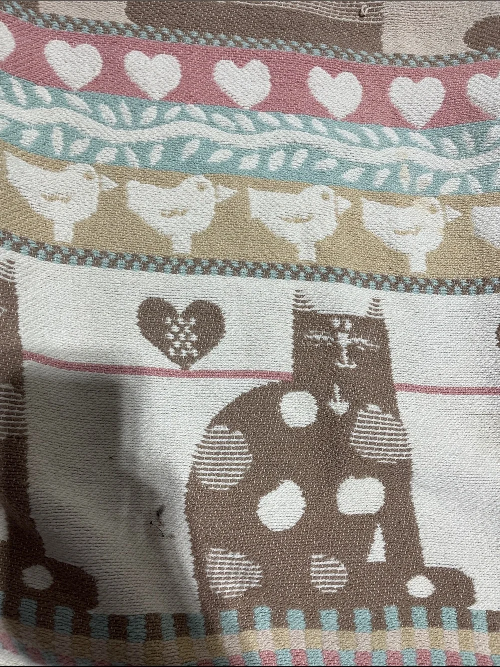 Cute Cat Pattern Throw Blanket in Brown, Cream, Pink & Blue vintage